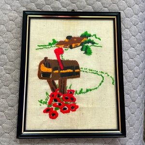 Vintage Handmade Framed Embroidered Mailbox with Red Poppies Art